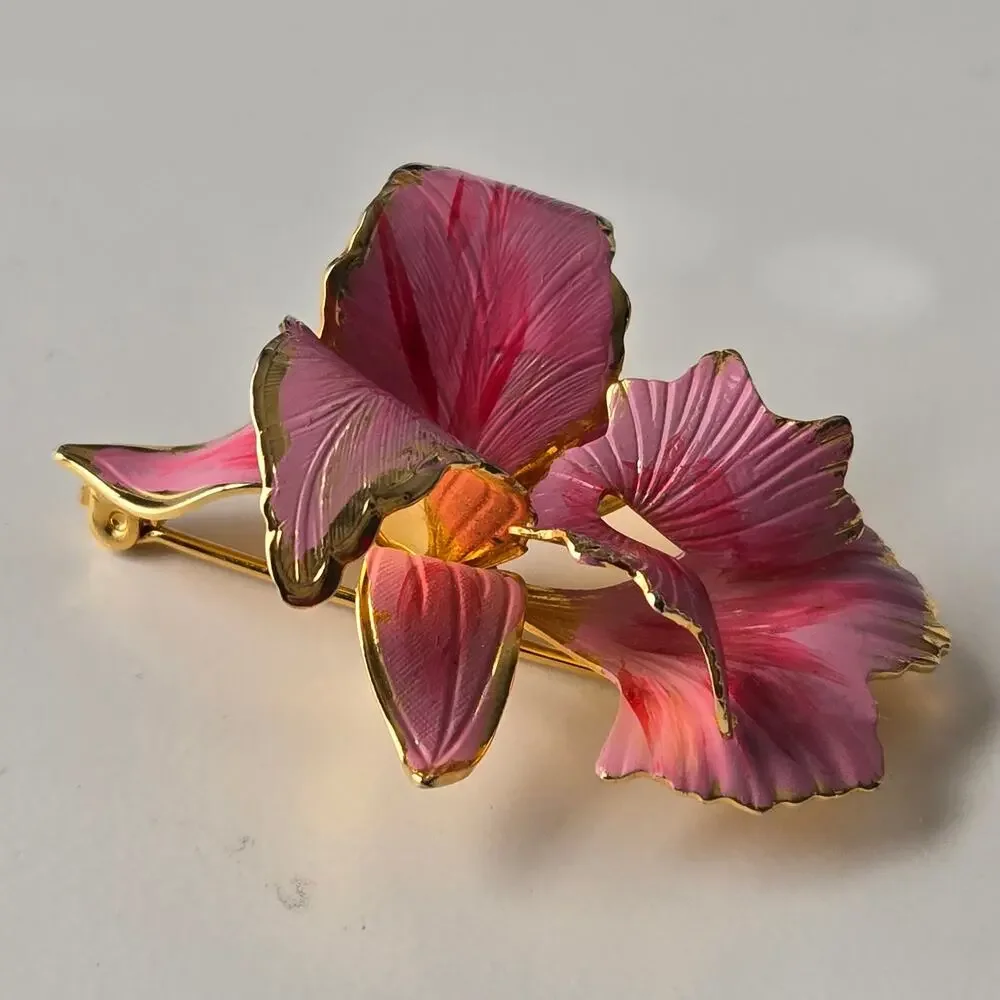 Vintage Cerrito 1982 Hand Painted Light Pink & Gold Orchid Flower Brooch Pin 2